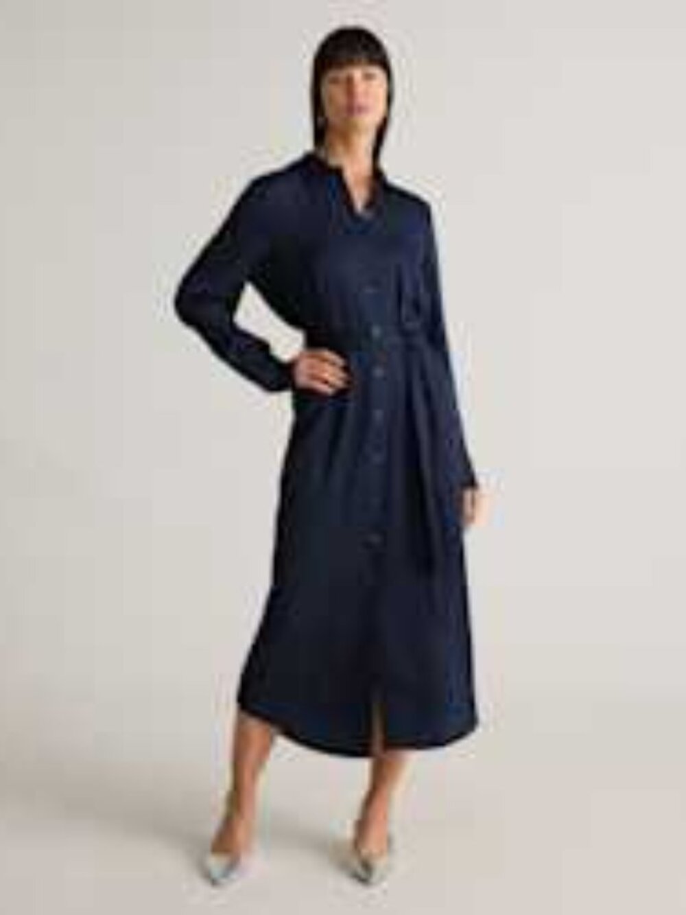 Quince Washable Stretch Silk Maxi Shirt Dress in Navy